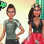 두 명의 스타일리시하게 옷을 입은 여성 캐릭터가 도시 배경 앞에 서 있는 모습