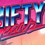 SHIFTY Gears라는 텍스트가 핑크색과 파란색 배경 위에 장식된 글꼴로 그려져 있는 이미지