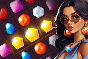 다양한 보석이 있는 퍼즐 배경 앞에 선글라스를 착용한 여성