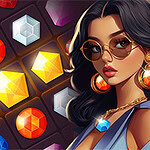 다양한 보석이 있는 퍼즐 배경 앞에 선글라스를 착용한 여성