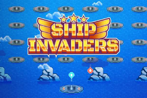 파란 배경에 날개와 별이 포함된 SHIP INVADERS라는 글자와 여러 개의 비행선이 배열된 이미지