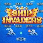 파란 배경에 날개와 별이 포함된 SHIP INVADERS라는 글자와 여러 개의 비행선이 배열된 이미지
