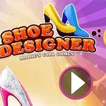 파란 드레스를 입은 금발의 소녀와 신발 및 Shoe Designer라는 문구가 있는 화면