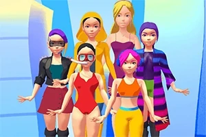 여섯 명의 개성 있는 옷을 입은 캐릭터들이 모여서 포즈를 취하고 있다