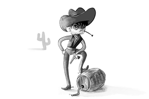 서부 스타일 모자를 쓴 만화 캐릭터가 술통 옆에 서 있는 흑백 그림