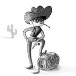 서부 스타일 모자를 쓴 만화 캐릭터가 술통 옆에 서 있는 흑백 그림