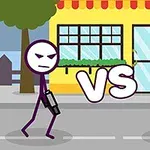 두 막대기 인형이 거리에서 서로 마주 보고 있으며 각자 무기를 들고 있는 모습