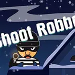 밤하늘 아래 지붕 위에서 권총을 든 검은 모자와 줄무늬 옷을 입은 인물과 커다란 Shoot Robbers 텍스트
