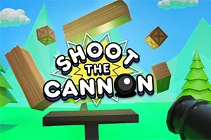 밝은 하늘과 나무 배경에 대포로 나무 상자를 쏘는 이미지