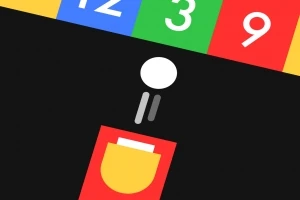 검은 배경 위에 다양한 색상의 숫자 블록과 빨간 발사대에서 흰 공이 발사되는 그림