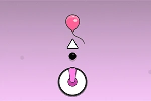 분홍색 풍선, 삼각형, 검은 점, 원형 버튼이 보라색 배경 위에 나열되어 있습니다