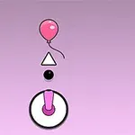 분홍색 풍선, 삼각형, 검은 점, 원형 버튼이 보라색 배경 위에 나열되어 있습니다