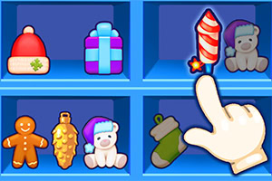 선반 위에 다양한 크리스마스 아이템과 손가락 아이콘이 있는 이미지