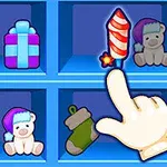 선반 위에 다양한 크리스마스 아이템과 손가락 아이콘이 있는 이미지