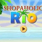화려한 앵무새와 야자나무, 해변이 배경으로 있는 SHOPAHOLIC RIO라는 문구가 있는 이미지