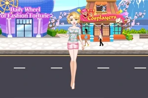 금발의 캐릭터가 도시 거리에서 섬유로 된 상점들 배경 앞에 서 있는 모습