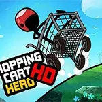 쇼핑 카트를 타고 언덕을 뛰어내리는 검은 색의 헬멧을 쓴 캐릭터와 하늘을 배경으로 한 열대 숲 풍경