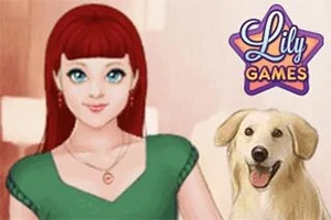 붉은 머리의 여성이 초록색 옷을 입고 있고, 옆에는 하얀 개가 있으며 Lily Games라는 로고가 있습니다