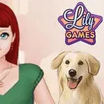 붉은 머리의 여성이 초록색 옷을 입고 있고, 옆에는 하얀 개가 있으며 Lily Games라는 로고가 있습니다