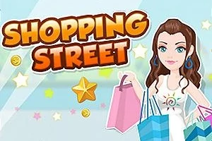쇼핑백을 든 여성이 별과 동전 그래픽과 함께 SHOPPING STREET라는 글자 옆에 서 있는 그림