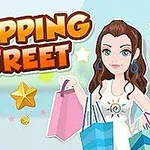 쇼핑백을 든 여성이 별과 동전 그래픽과 함께 SHOPPING STREET라는 글자 옆에 서 있는 그림