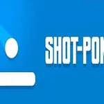 파란색 배경에 흰색 공과 직사각형, 그리고 SHOT-PONG이라는 텍스트가 있다