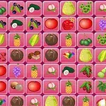 다양한 과일과 채소 이미지가 분홍색 격자 배경에 배열되어 있습니다