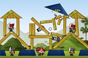 대포를 가진 해적과 구조물 위에 서 있는 여러 캐릭터들이 있는 만화 스타일의 그림