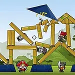 대포를 가진 해적과 구조물 위에 서 있는 여러 캐릭터들이 있는 만화 스타일의 그림