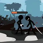 검은 실루엣의 인물들이 검을 들고 싸우고 있으며, 배경은 나무와 건축물로 구성되어 있습니다