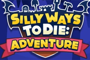 만화 스타일의 성곽 실루엣 위에 Silly Ways to Die: Adventure라는 텍스트가 있는 이미지