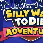 만화 스타일의 성곽 실루엣 위에 Silly Ways to Die: Adventure라는 텍스트가 있는 이미지