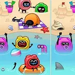 해변가에서 다채로운 색의 캐릭터들이 물놀이를 즐기는 모습을 담은 두 개의 비슷한 장면