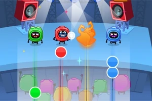 무대 위에서 세 개의 만화 캐릭터가 조명 아래 서 있고, 앞쪽에는 색색의 원과 선이 배열되어 있다