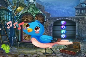 파란 새가 음악 노트를 내며 포도 앞에 서 있는 도시 거리 배경