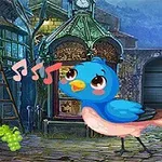 파란 새가 음악 노트를 내며 포도 앞에 서 있는 도시 거리 배경