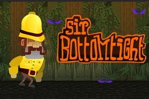 노란 모자를 쓴 캐릭터가 밀림을 배경으로 걷고 있으며, 주위에는 보라색 박쥐와 sir Bottomtight라는 글자가 있다