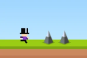 검은 모자를 쓴 픽셀 캐릭터가 평지에서 장애물을 향해 달려가는 모습