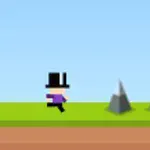 검은 모자를 쓴 픽셀 캐릭터가 평지에서 장애물을 향해 달려가는 모습