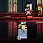 병기를 든 두 픽셀 아트 캐릭터가 나무 배경의 플랫폼 위에서 대치하고 있고, 화면에는 STUN이 표시된 인터페이스 요소가 있으며 손가락과 S 키가 강조되어 있습니다