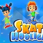 세 명의 어린이 캐릭터와 녹색 공룡 캐릭터가 스케이트보드를 타고 하늘을 나는 모습