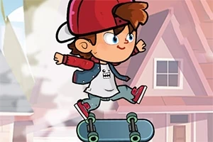 빨간 모자를 쓴 만화 스타일의 소년이 스케이트보드를 타고 점프하는 모습