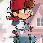 빨간 모자를 쓴 만화 스타일의 소년이 스케이트보드를 타고 점프하는 모습