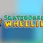 만화 스타일의 소년이 스케이트보드를 타고 있으며, 옆에 SKATEBOARD WHEELIE라는 글자가 있다