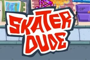 빨간색 글씨로 SKATER DUDE가 쓰여 있고 뒷배경은 거리의 벽화와 보라색 문이 있는 장면
