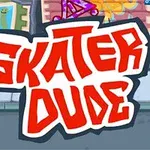 빨간색 글씨로 SKATER DUDE가 쓰여 있고 뒷배경은 거리의 벽화와 보라색 문이 있는 장면