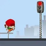 빨간 모자와 초록 옷을 입은 캐릭터가 스케이트보드를 타고 정지 신호 앞에서 달리고 있는 모습