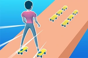 스케이트보드를 탄 뒷모습의 사람이 경사진 길을 내려가고 있으며, 길에는 작은 스케이트보드들이 놓여 있다