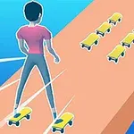 스케이트보드를 탄 뒷모습의 사람이 경사진 길을 내려가고 있으며, 길에는 작은 스케이트보드들이 놓여 있다