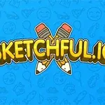 파란색 배경에 크로스된 연필 두 자루와 함께 SKETCHFUL